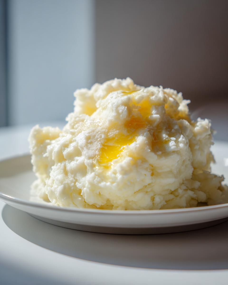 A generous serving of fluffy, white creamy mashed potatoes topped with melting butter on a white plate.