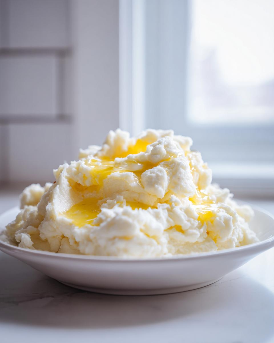 A generous serving of fluffy creamy mashed potatoes topped with pools of melted yellow butter in a white bowl.