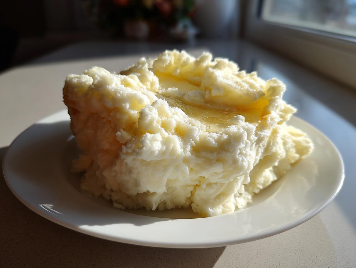 A mound of fluffy, white creamy mashed potatoes topped with melted butter on a white plate.