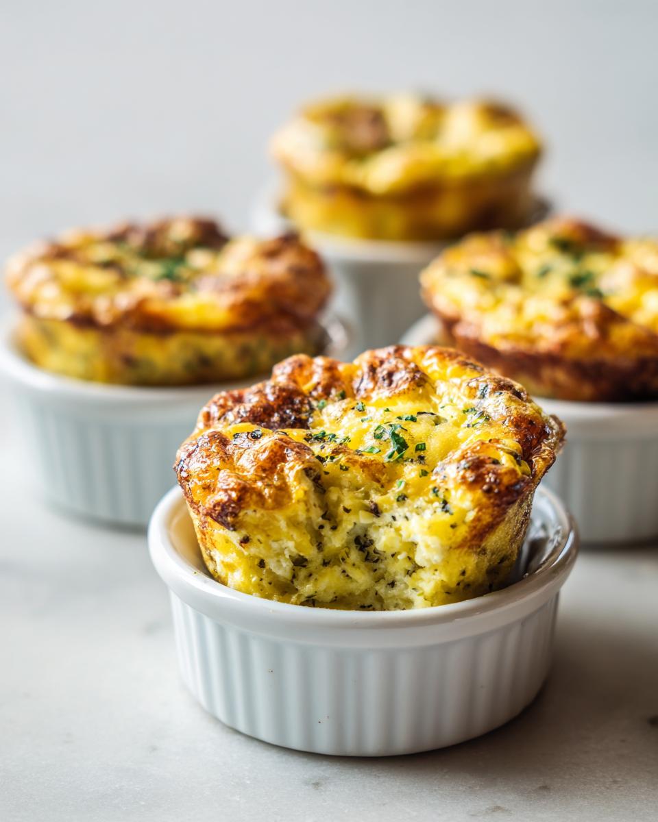 Close-up of a fluffy baked egg bite with a bite taken out, served in a white ramekin.