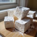 Close-up of several fluffy homemade marshmallows dusted heavily with powdered sugar on a wooden board.