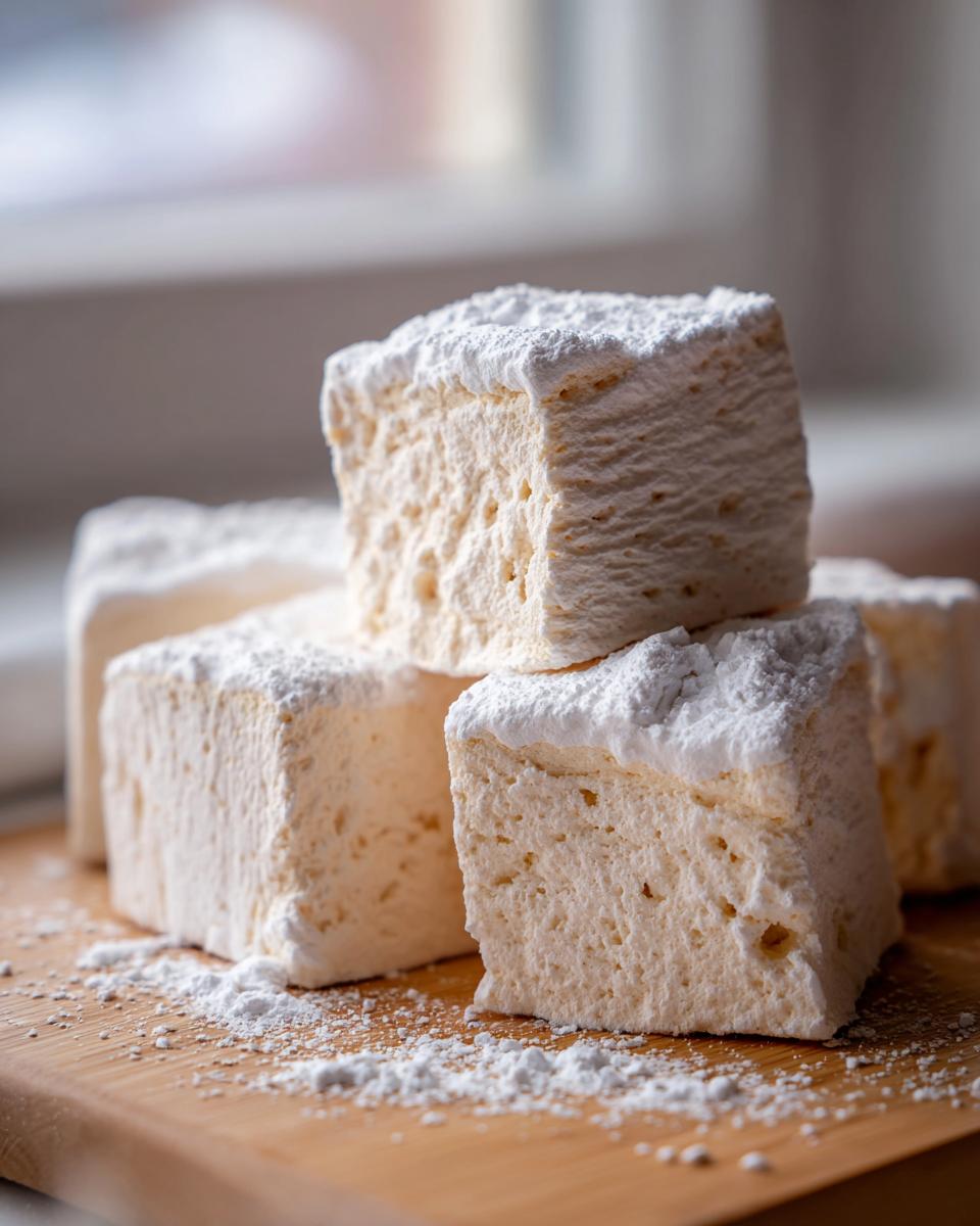 Close-up of several large, fluffy homemade marshmallows stacked and dusted heavily with powdered sugar on a wooden board.
