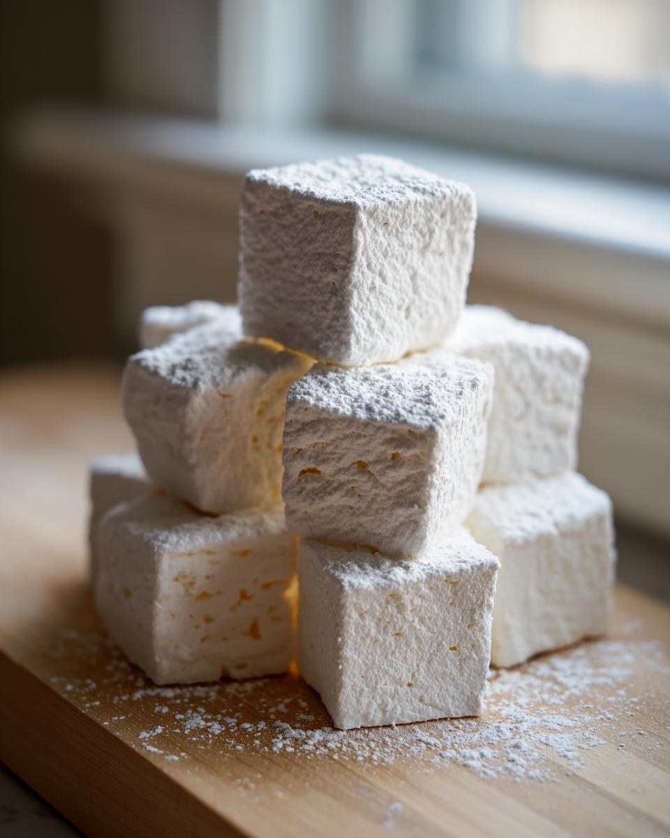 A stack of perfectly cut, fluffy homemade marshmallows dusted heavily with powdered sugar on a wooden board.