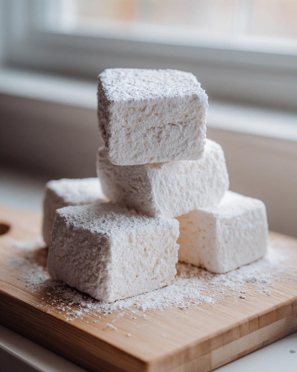 A stack of fluffy, square homemade marshmallows dusted heavily with powdered sugar on a wooden board.