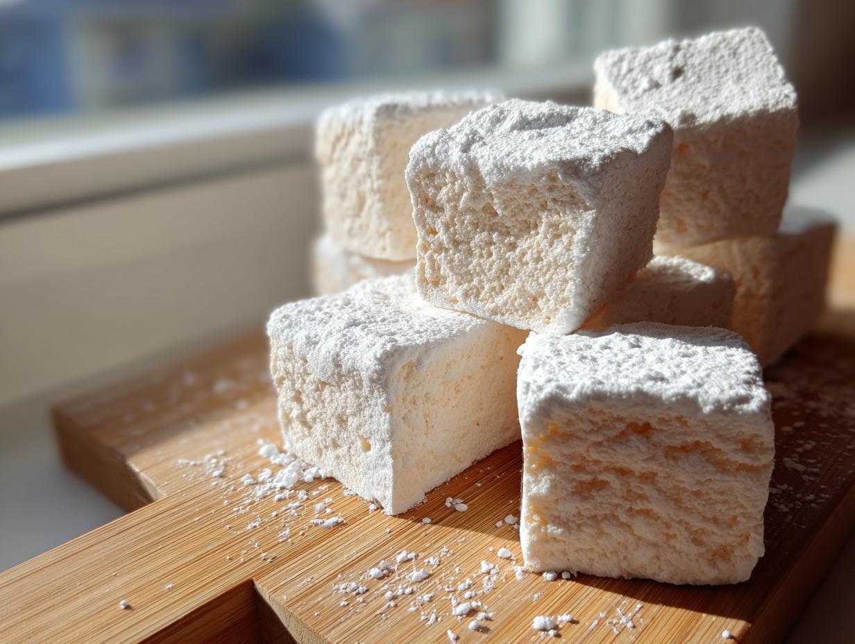 A stack of fluffy, square homemade marshmallows generously dusted with powdered sugar, sitting on a wooden board.
