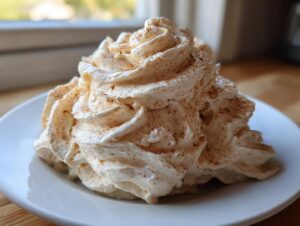 A large swirl of fluffy, cinnamon-dusted honey butter recipe topping served on a small white plate.