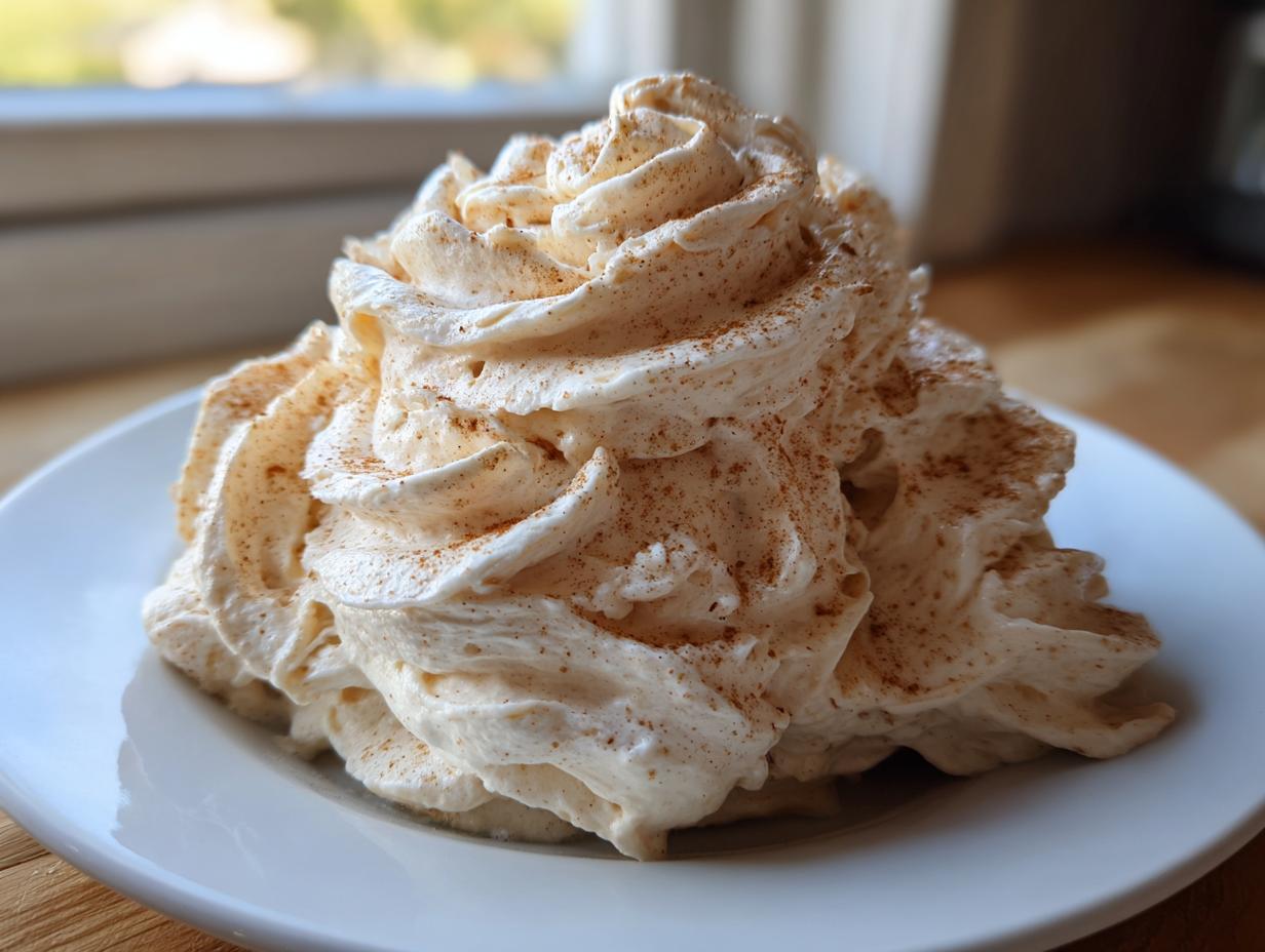A large swirl of fluffy, cinnamon-dusted honey butter recipe topping served on a small white plate.