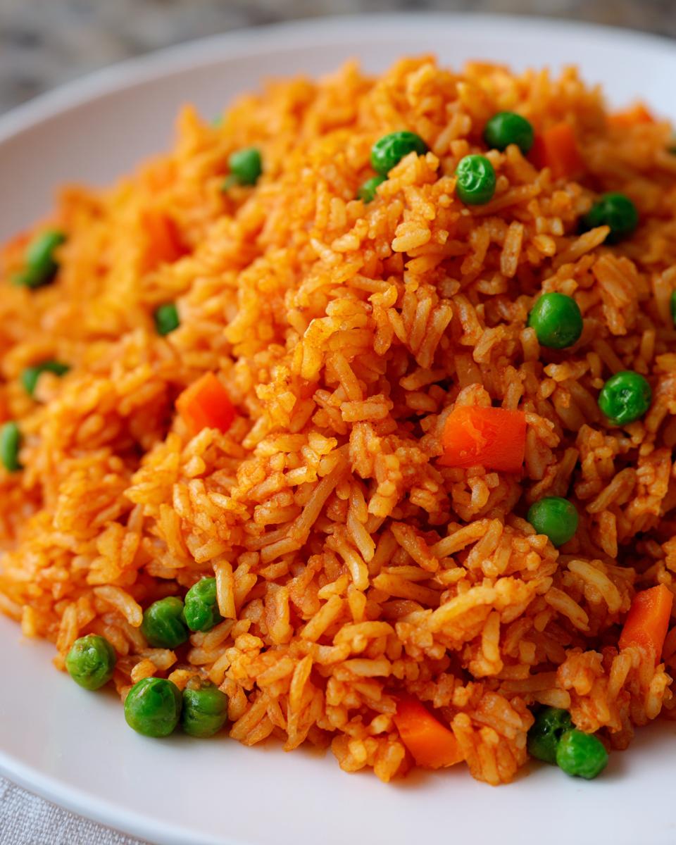 Close-up of vibrant orange Mexican rice mixed with bright green peas and diced carrots served on a white plate.
