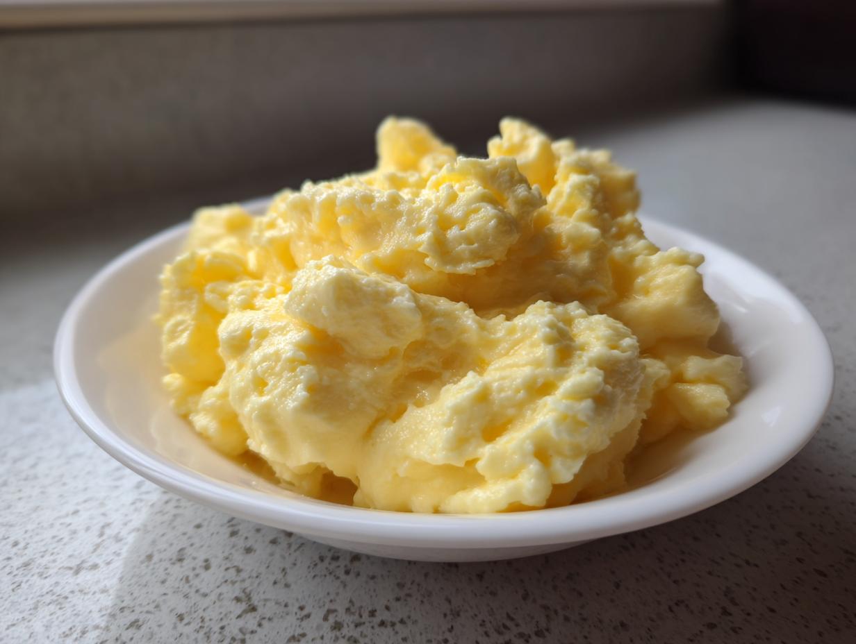 Close-up of incredibly fluffy scrambled eggs piled high in a small white bowl.