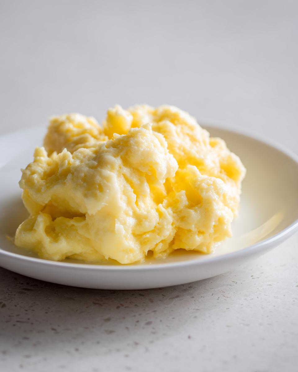 Close-up of incredibly fluffy, creamy scrambled eggs served in a small white bowl.