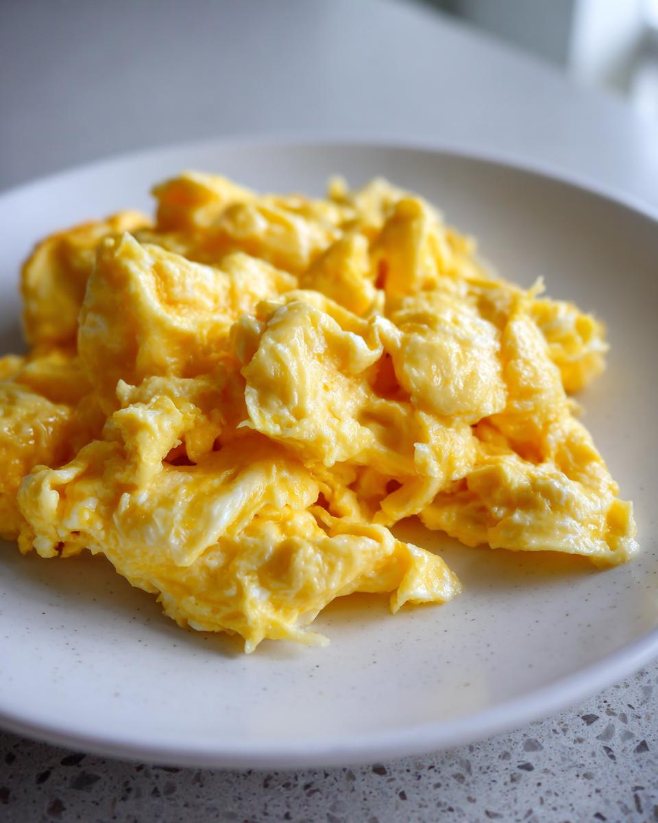 Close-up of perfectly fluffy scrambled eggs piled high on a white speckled plate.