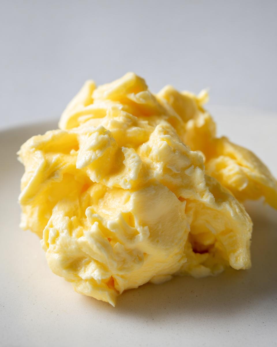 Close-up of creamy, fluffy scrambled eggs showing soft yellow curds on a light plate.