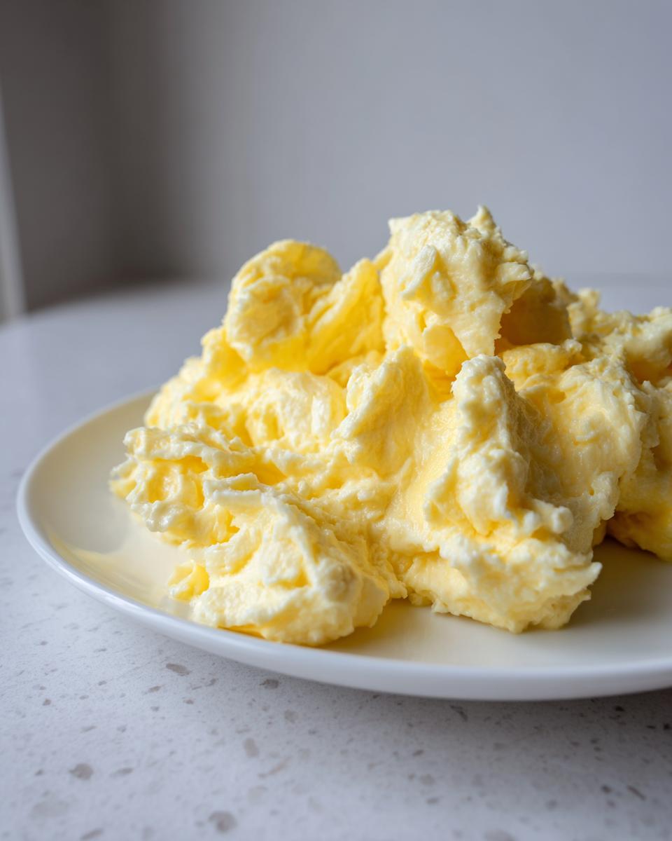 Close-up of incredibly fluffy, creamy scrambled eggs piled high on a white plate.
