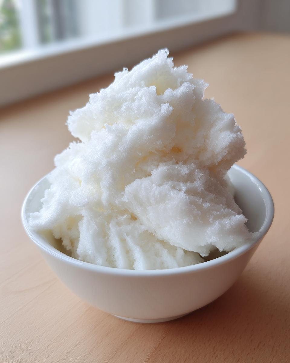 A close-up of fluffy, white snow ice cream piled high in a small white bowl on a wooden surface.