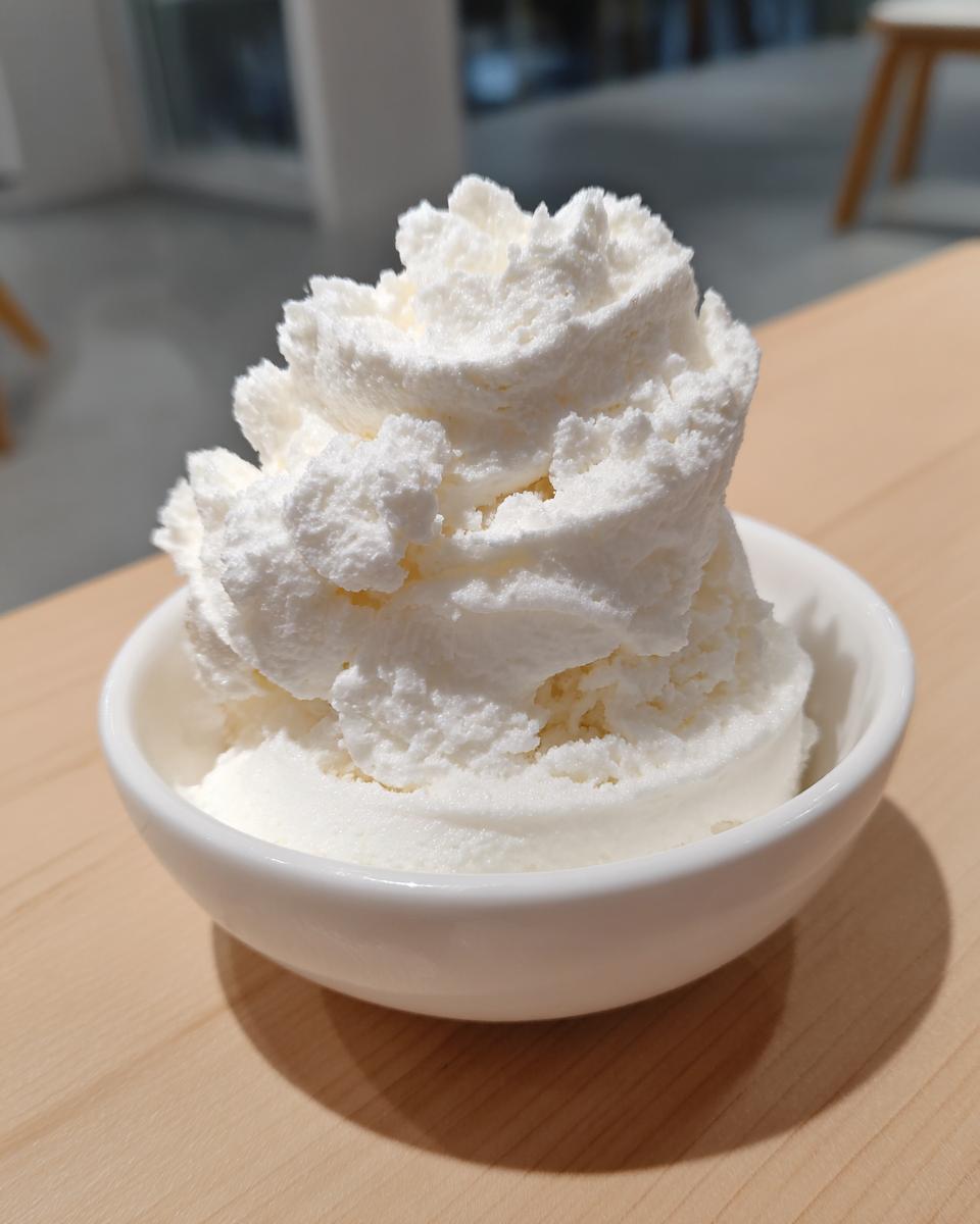 A close-up of fluffy, white snow ice cream served in a small white bowl on a light wooden table.