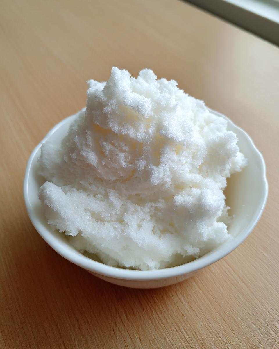 A close-up of fluffy, white snow ice cream served in a small white bowl on a wooden surface.