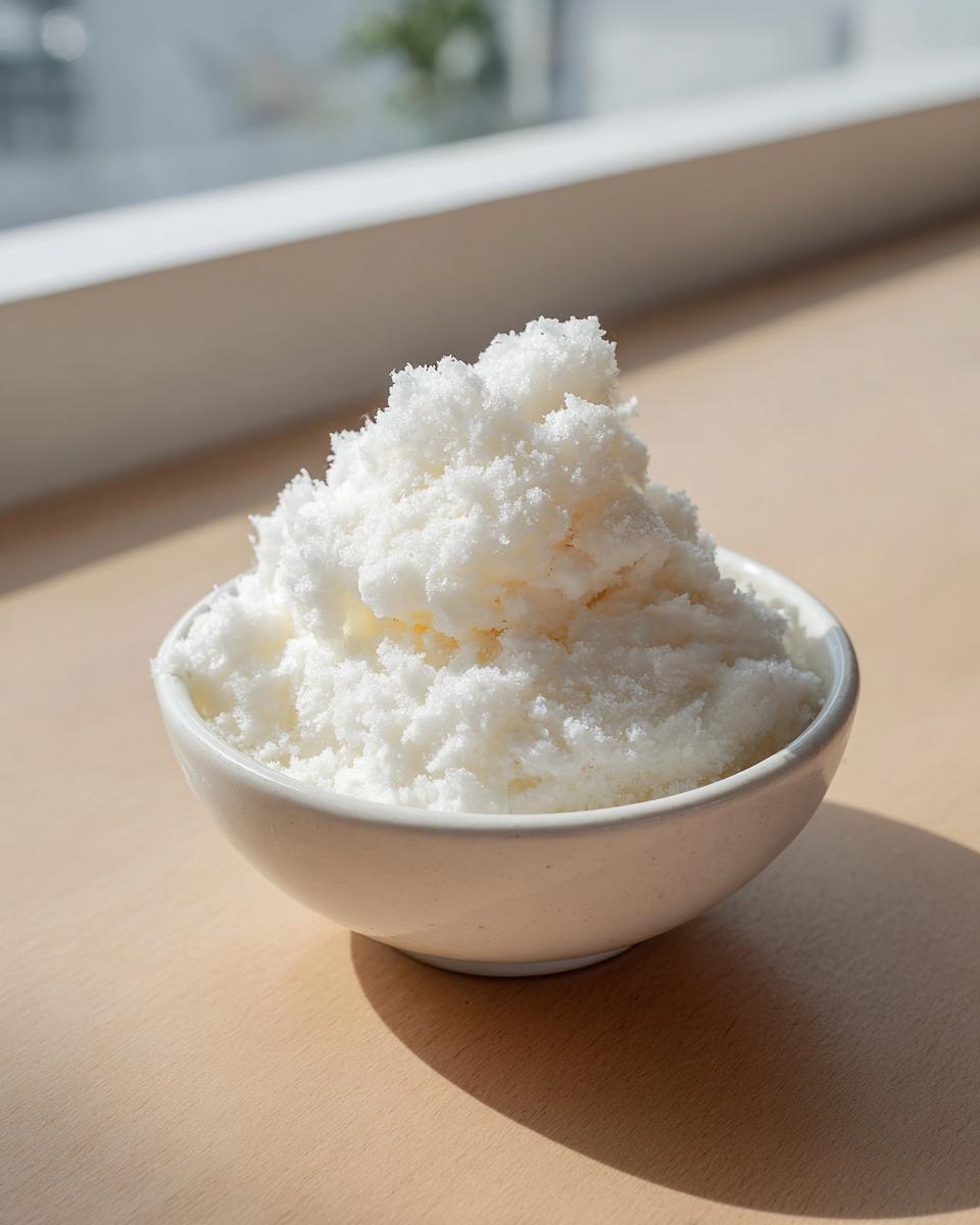 A white bowl filled with fluffy, freshly made snow ice cream sitting on a light wooden surface.