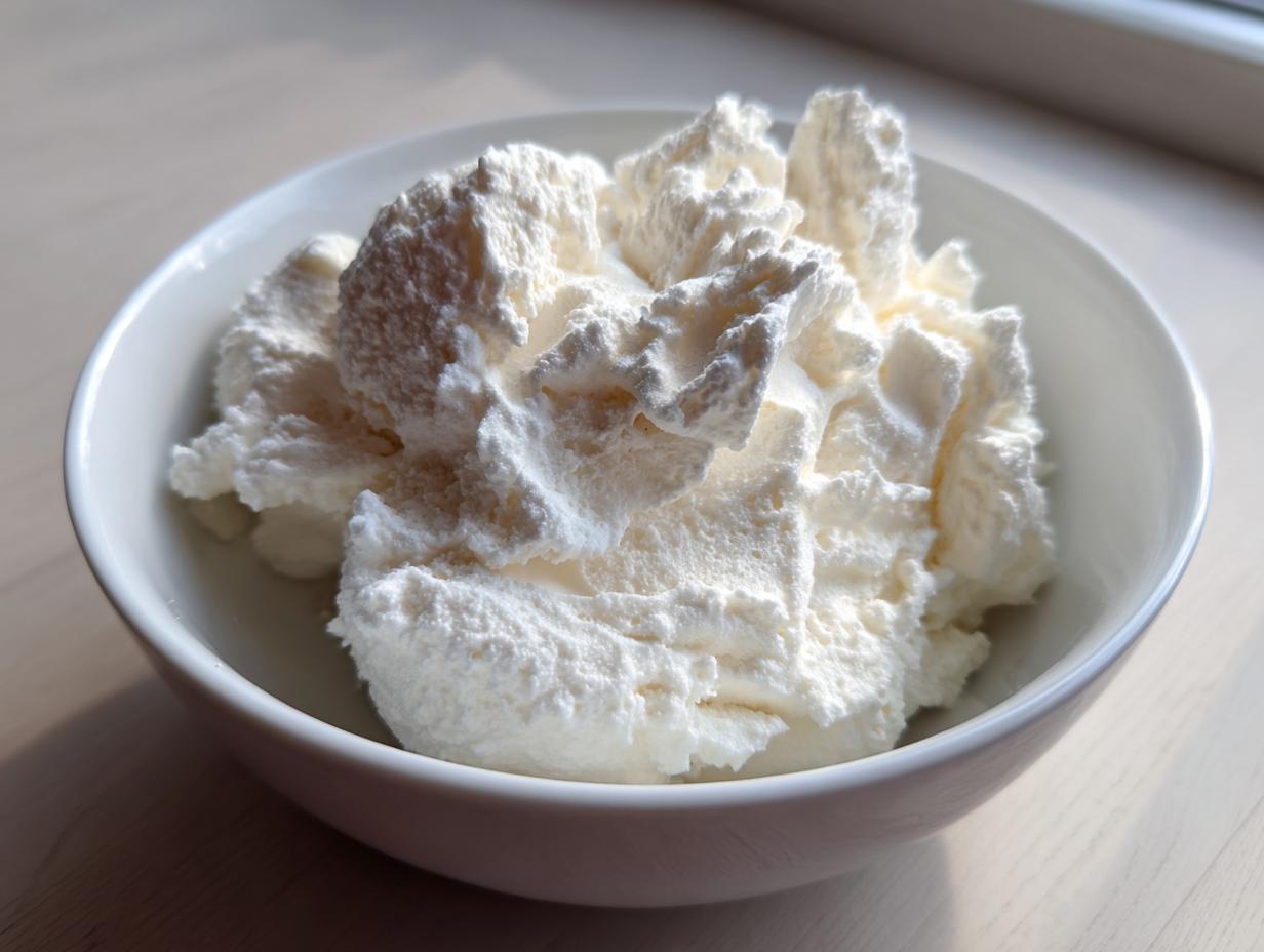 A close-up of freshly made snow ice cream piled high in a small white bowl.