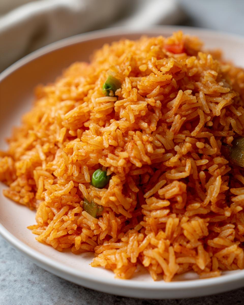 A close-up view of fluffy, orange-colored spanish rice mixed with green peas served in a light-colored bowl.