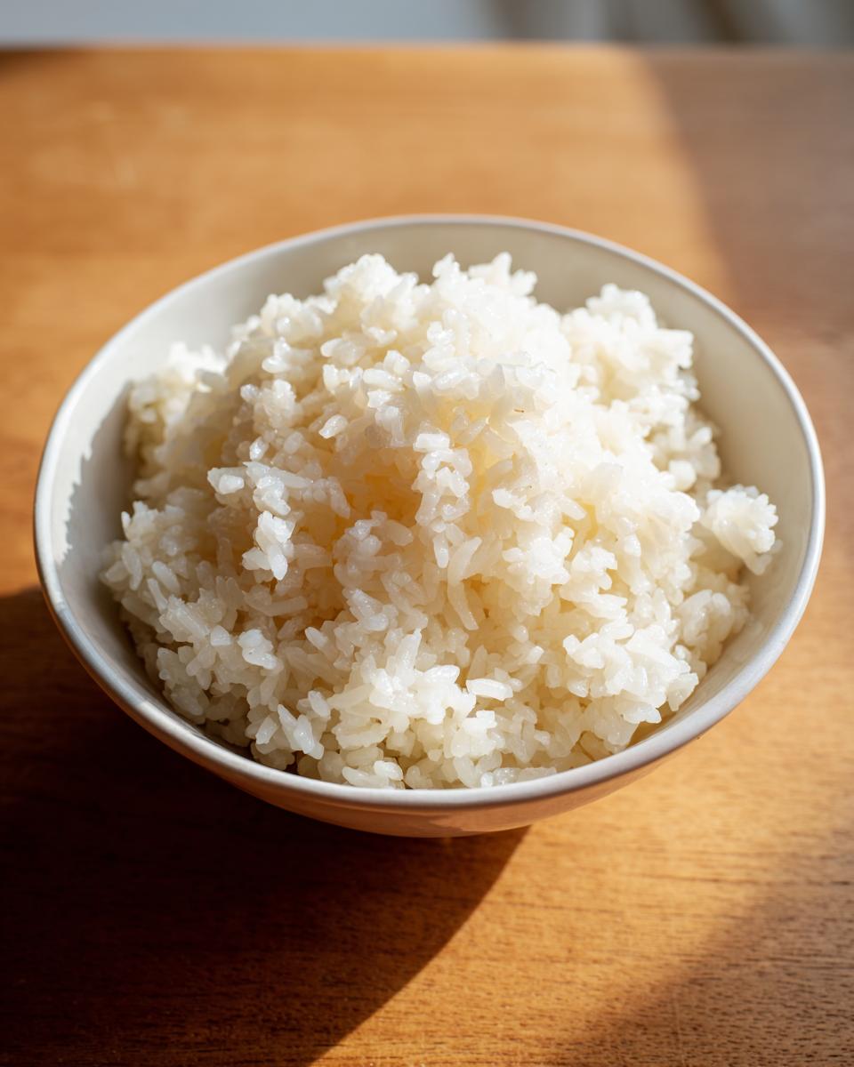 A close-up of a white bowl filled with perfectly cooked, fluffy sushi rice sitting on a wooden table.
