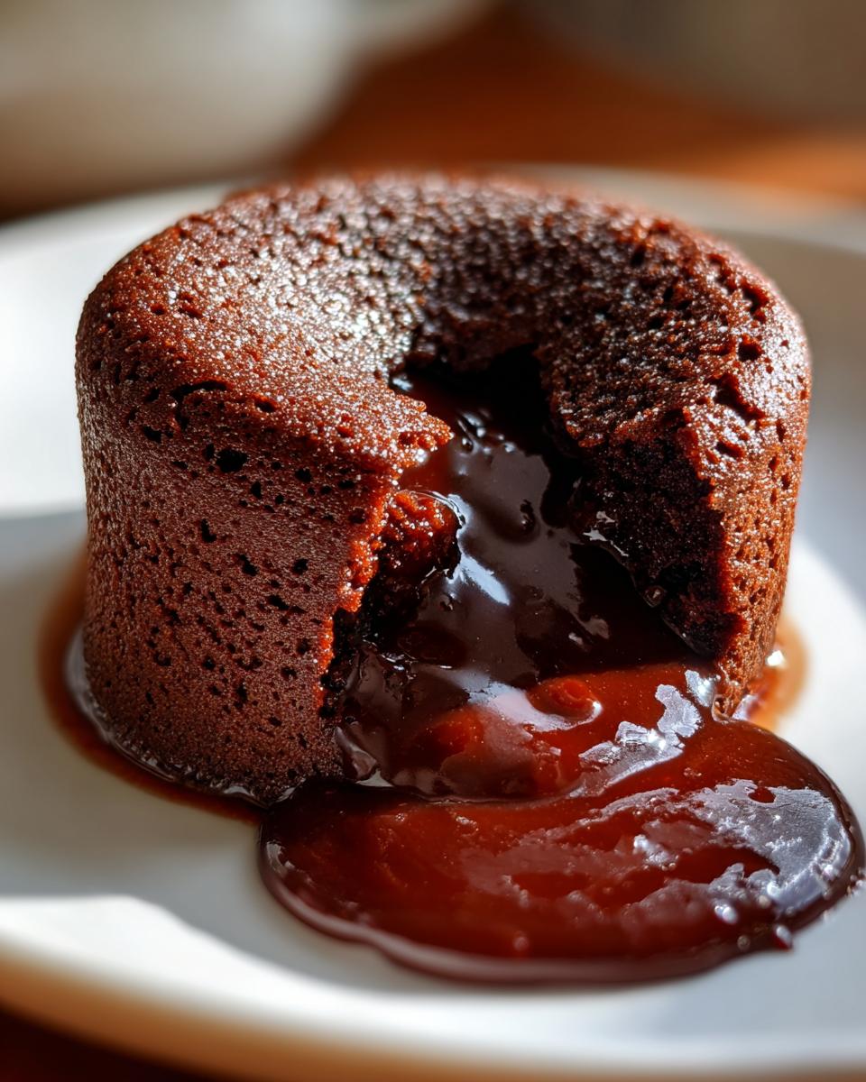Close-up of a freshly baked chocolate lava cake with molten center flowing onto a white plate.