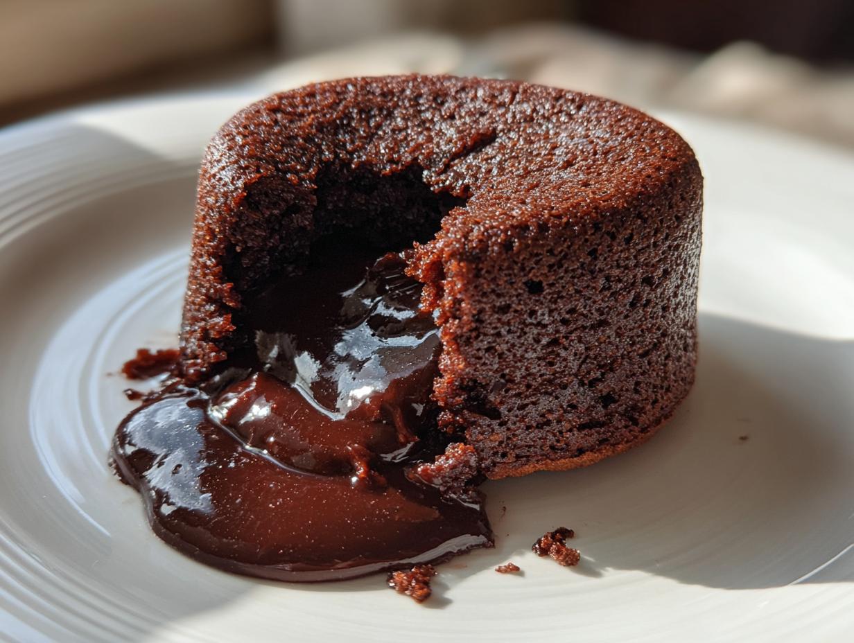 Close-up of a rich chocolate lava cake with molten chocolate oozing out onto a white plate.