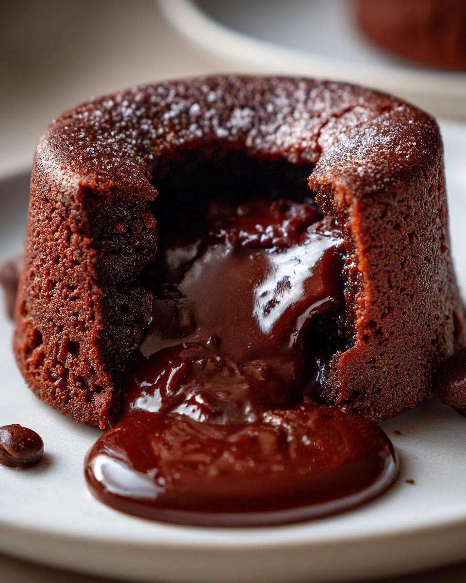 Close-up of a warm chocolate lava cake with the molten center oozing out onto a white plate.