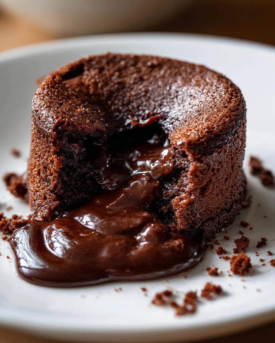 Close-up of a freshly baked chocolate lava cake with the molten center oozing out onto a white plate.