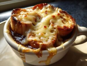 Close-up of a bowl of french onion soup recipe topped with a thick layer of melted, bubbly, and browned Gruyère cheese.
