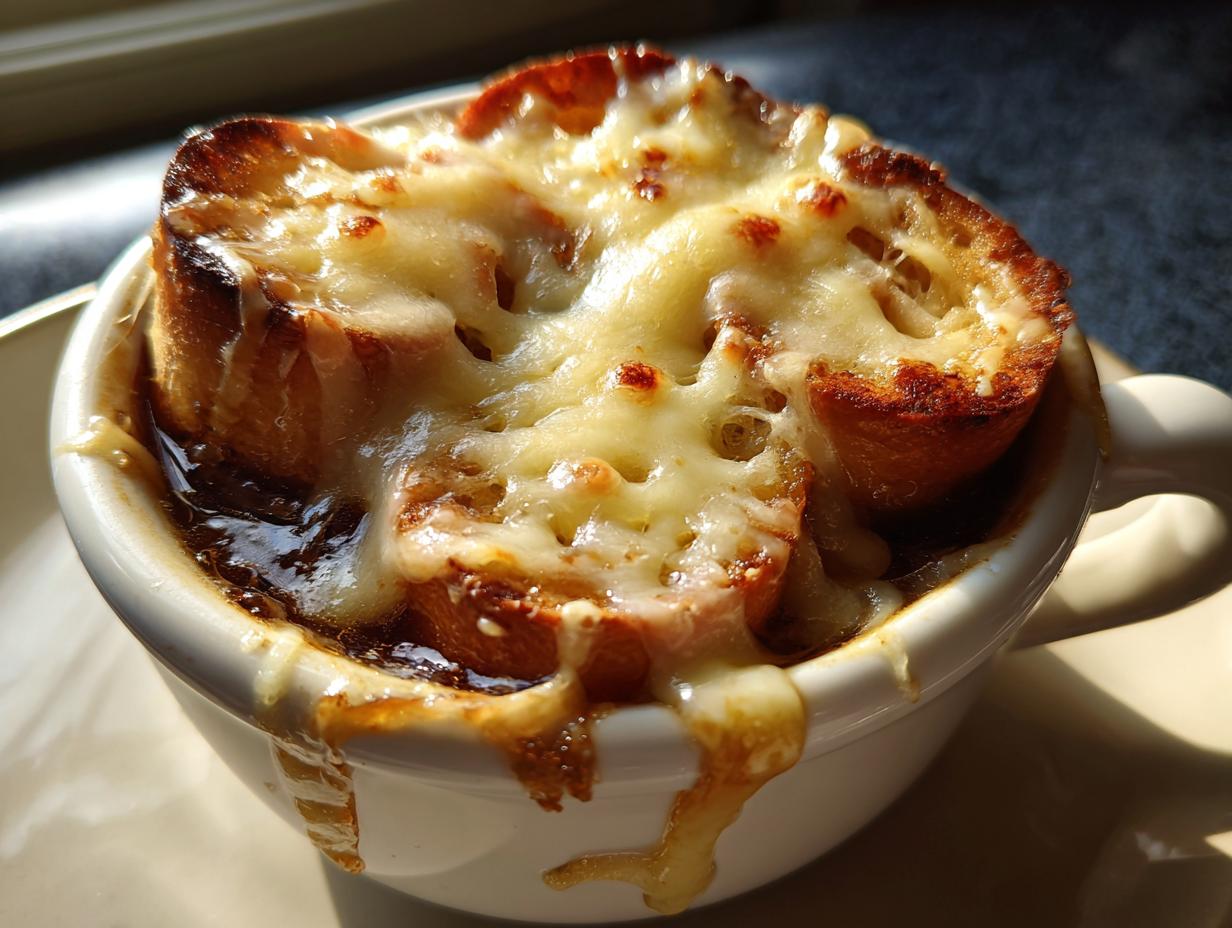 Close-up of a bowl of french onion soup recipe topped with a thick layer of melted, bubbly, and browned Gruyère cheese.