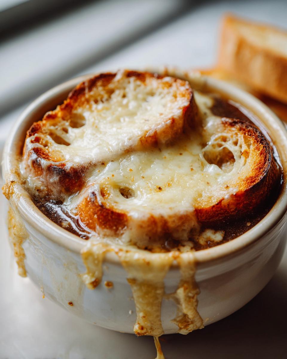 Close-up of a crock of French onion soup recipe topped with toasted bread and bubbling, melted Gruyère cheese.