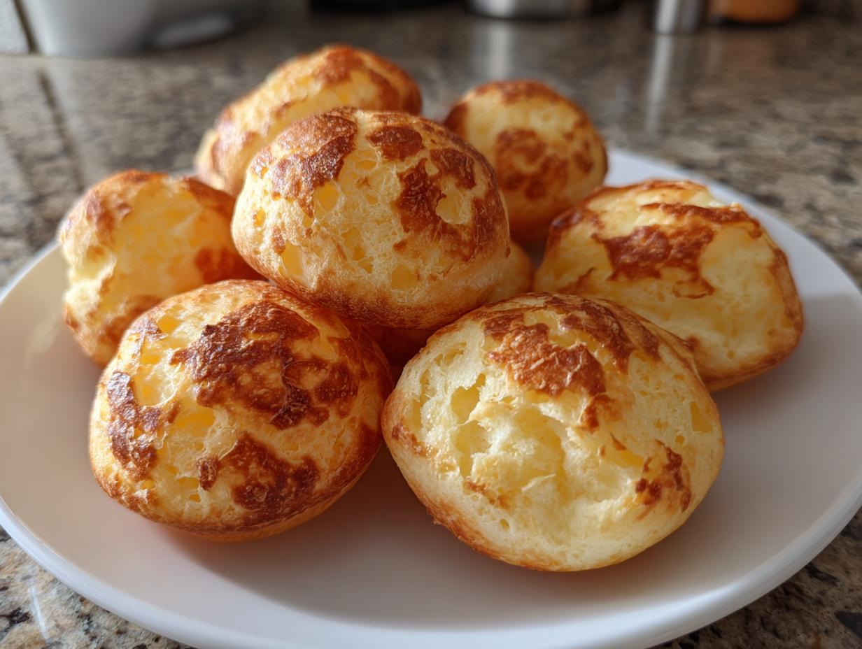 A pile of golden brown, puffy brazilian cheese bread rolls served on a white plate.