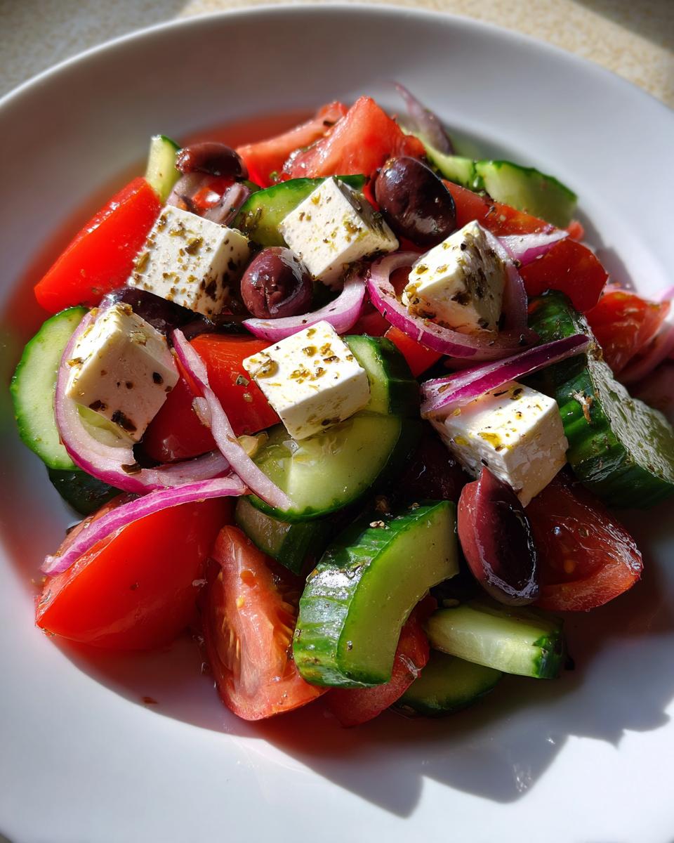 Close-up of a vibrant greek salad featuring chunks of feta cheese, sliced cucumbers, tomatoes, red onion, and Kalamata olives.