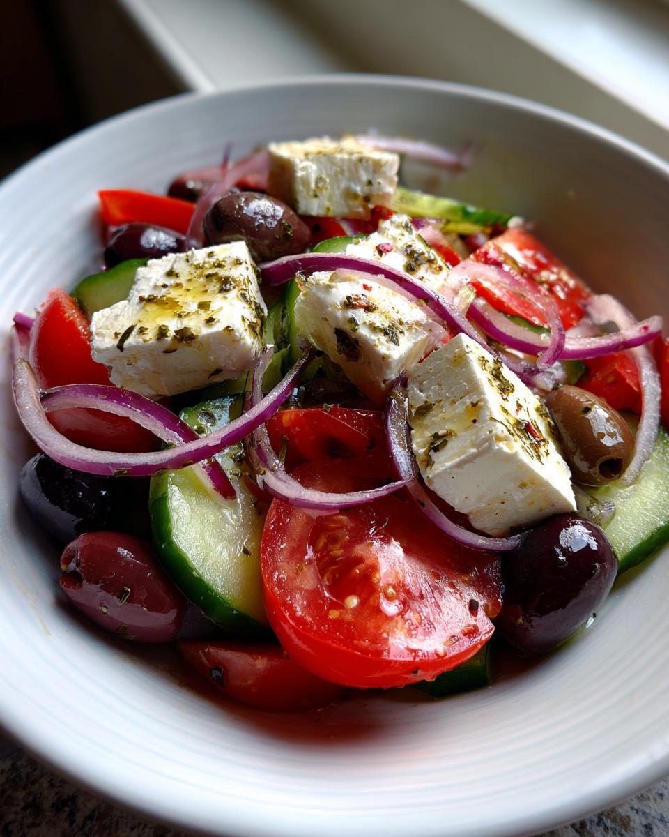 Close-up of a vibrant greek salad featuring large chunks of feta cheese, red tomatoes, cucumbers, red onion slices, and Kalamata olives.