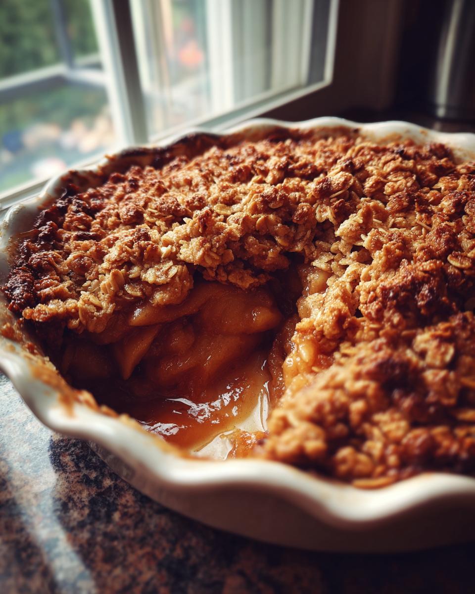 Close-up of a freshly baked apple crisp in a white dish, showing the bubbling fruit filling and crunchy oat topping.