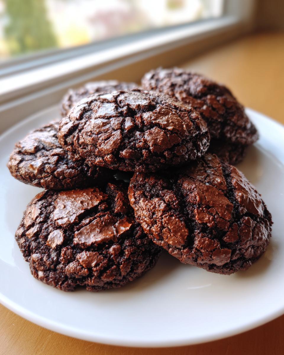 A stack of five fudgy chocolate brownie cookies with crackled tops resting on a white plate near a window.