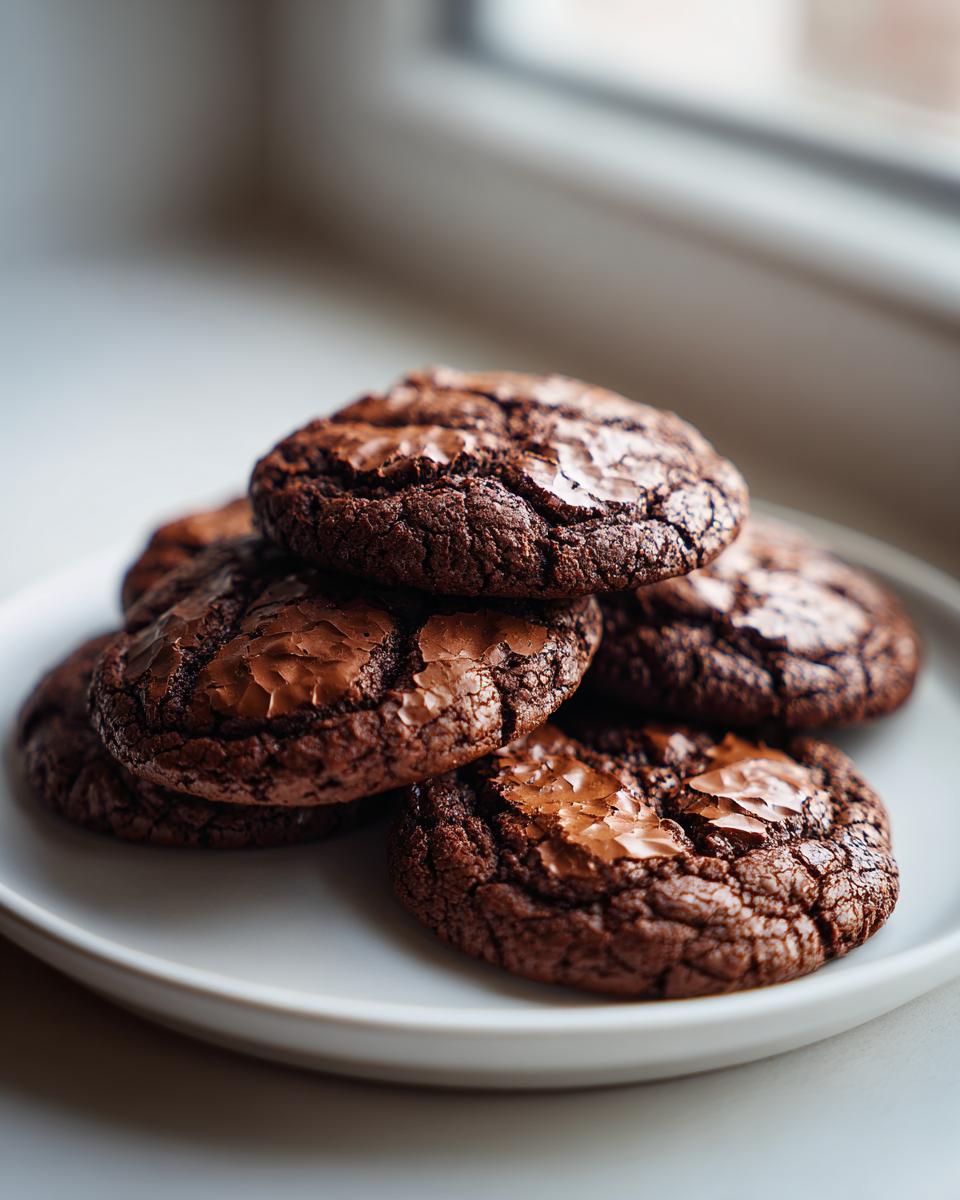 A stack of fudgy chocolate brownie cookies with shiny, cracked tops resting on a white plate near a window.