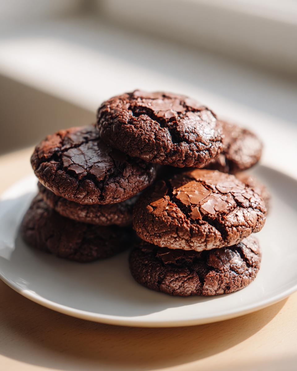 A stack of rich, fudgy chocolate brownie cookies with cracked tops resting on a white plate.