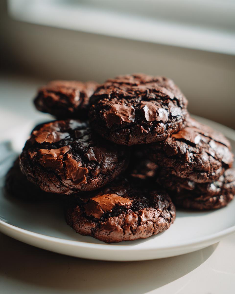 A stack of rich, dark chocolate brownie cookies with cracked tops, sitting on a white plate.