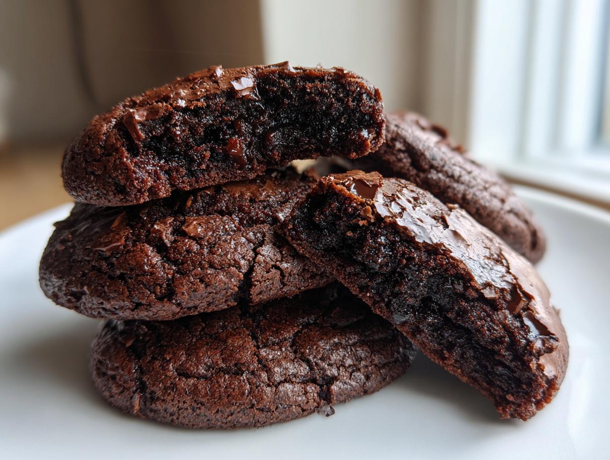 A stack of fudgy chocolate brownie cookies, one broken open to show the gooey interior and melted chocolate chips.
