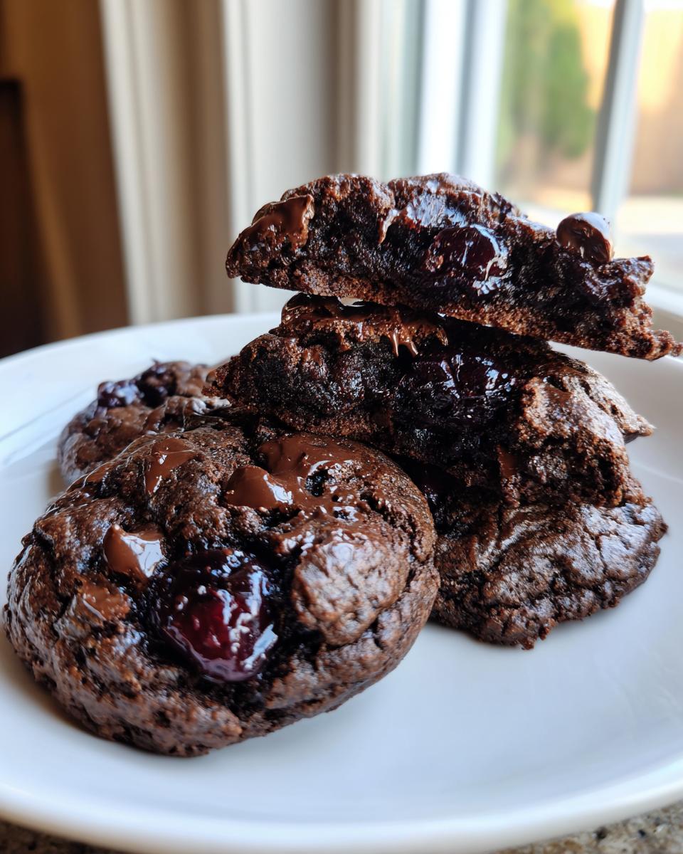 Close-up of fudgy chocolate cherry cookies, one cookie broken open to show the gooey interior and melted chocolate chips.