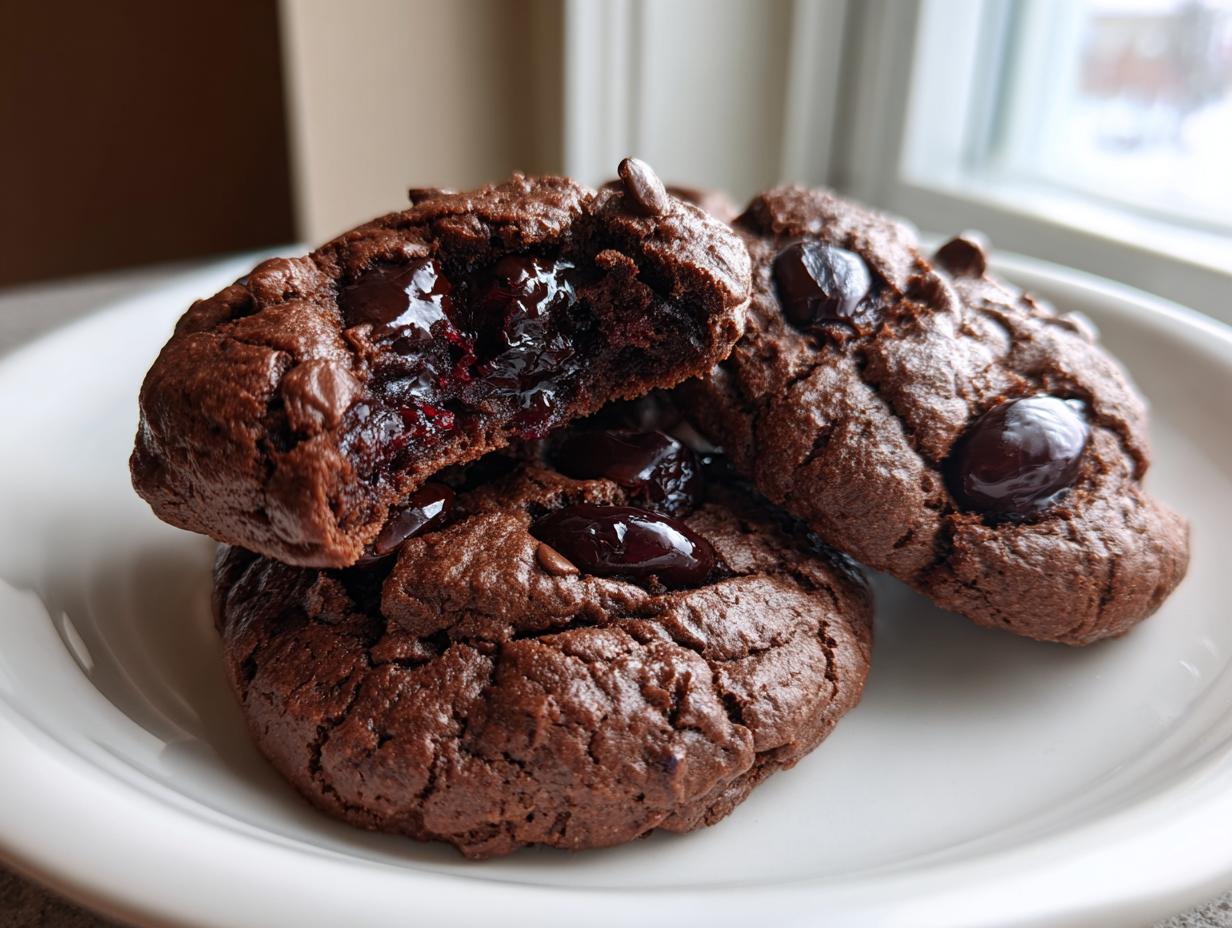 Close-up of fudgy chocolate cherry cookies, one broken open revealing a gooey cherry and chocolate filling.
