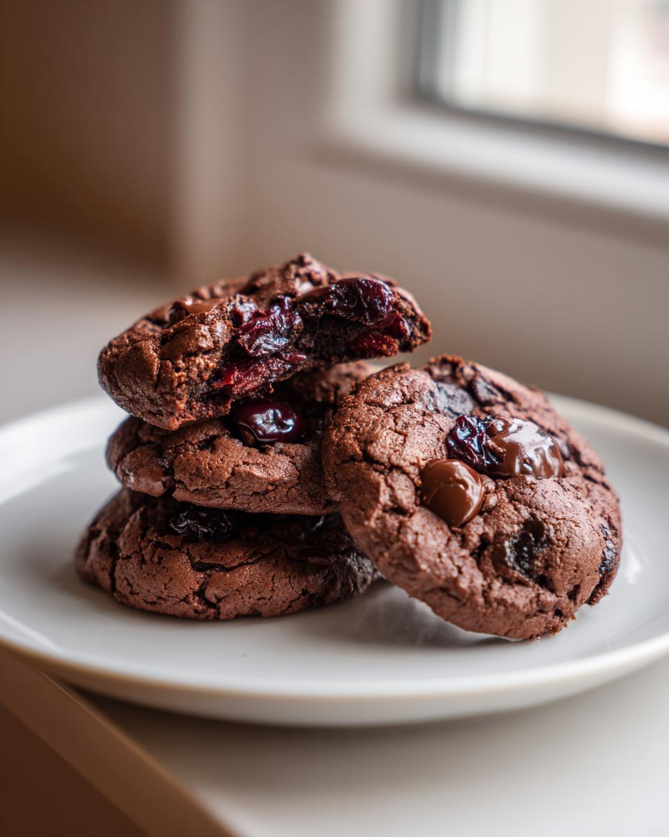 A stack of four fudgy chocolate cherry cookies on a white plate, one broken open showing the filling.