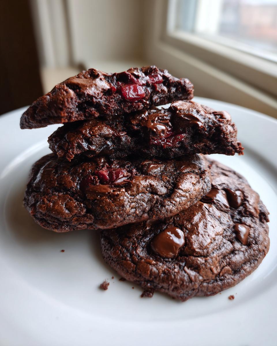 A stack of fudgy chocolate cherry cookies, with the top one broken open to show melted chocolate and bright red cherries inside.
