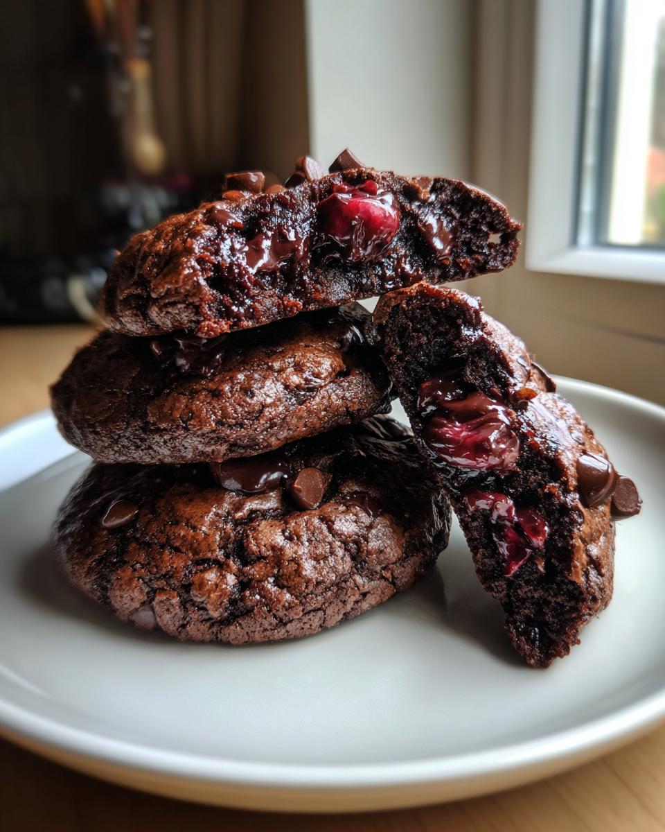Stack of fudgy chocolate cherry cookies, one broken open showing melted chocolate and bright red cherries.