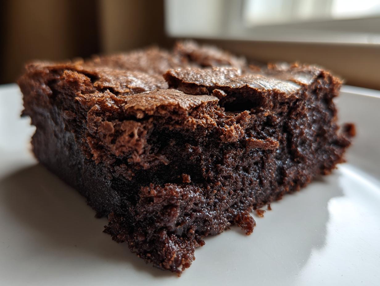 A close-up, macro shot of a single, fudgy square of date brownies resting on a white plate.