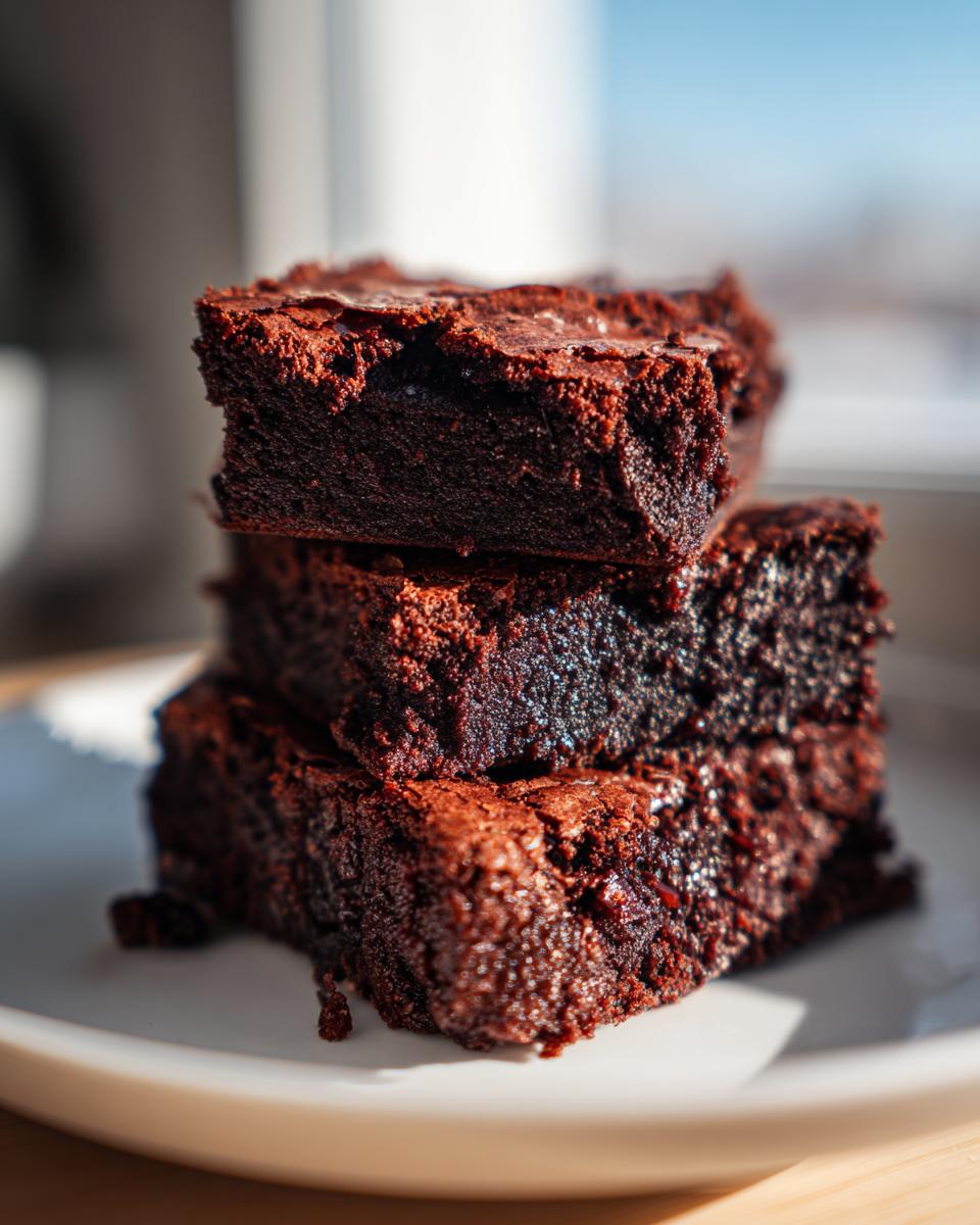 A stack of three rich, fudgy date brownies sitting on a white plate, highlighted by bright natural light.