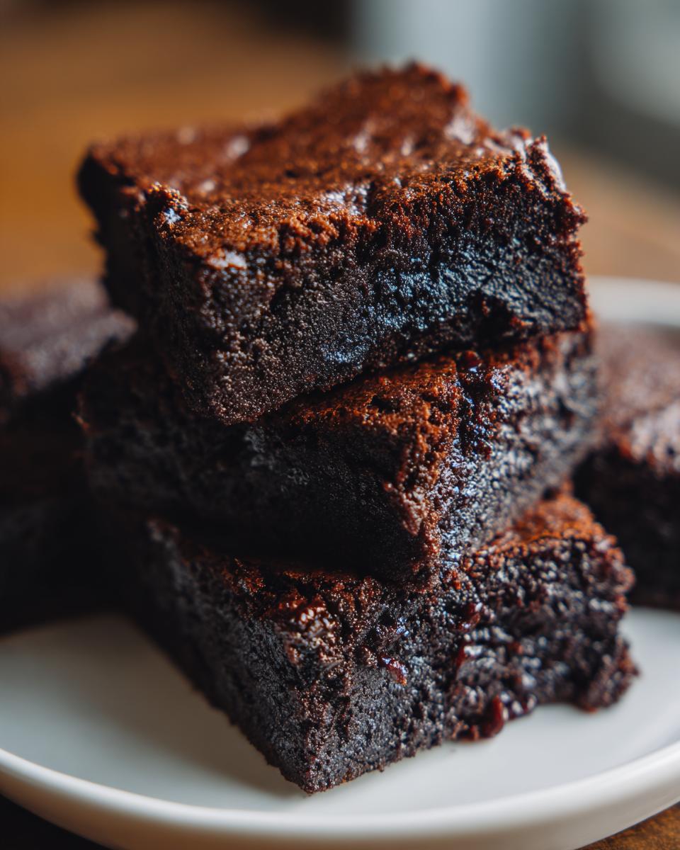 Close-up of a stack of three rich, dark, and fudgy date brownies on a white plate.