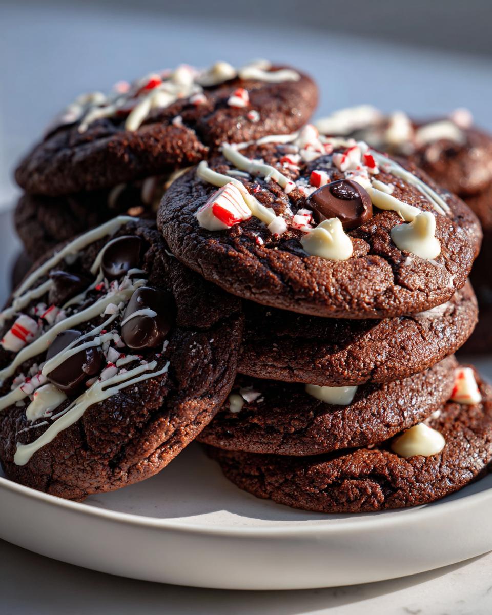 A stack of rich, fudgy double chocolate peppermint cookies topped with white chocolate drizzle and crushed candy canes.
