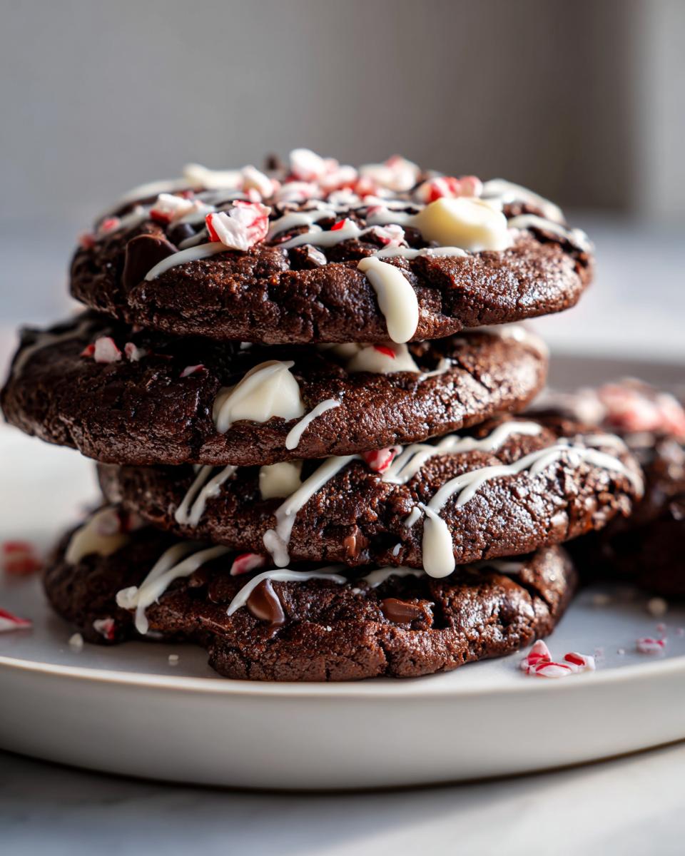 A stack of four fudgy double chocolate peppermint cookies drizzled with white chocolate and topped with crushed candy canes.